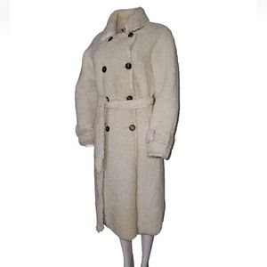 Rinno & Pelle Women's Teddy Coat Ivory Double Breasted Belt Long Size 38 Medium